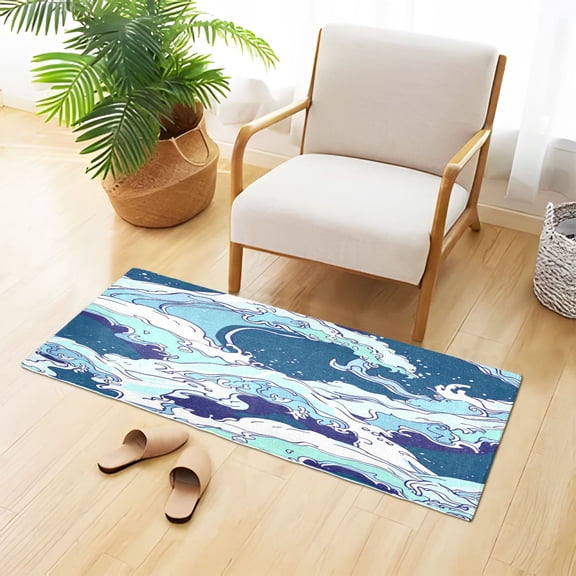 Blue Sea Waves Plush Carpet Non Slip Runner Rug Absorbent Bath Mat 39" x 20"