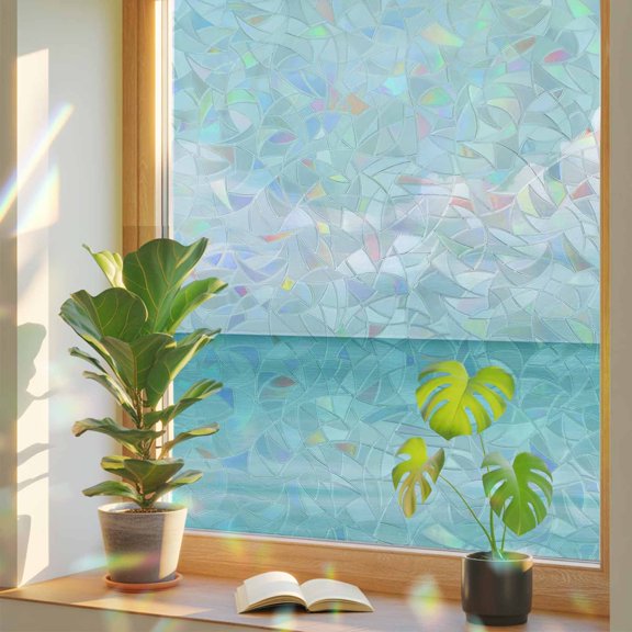 Blue Sea White Clouds Window Privacy Film, Rainbow Film Decorative Window Sticker 17.7x39.3in, Minimalist Ocean Art Sun Blocking Static Stained Glass Cling Tint Non-Adhesive