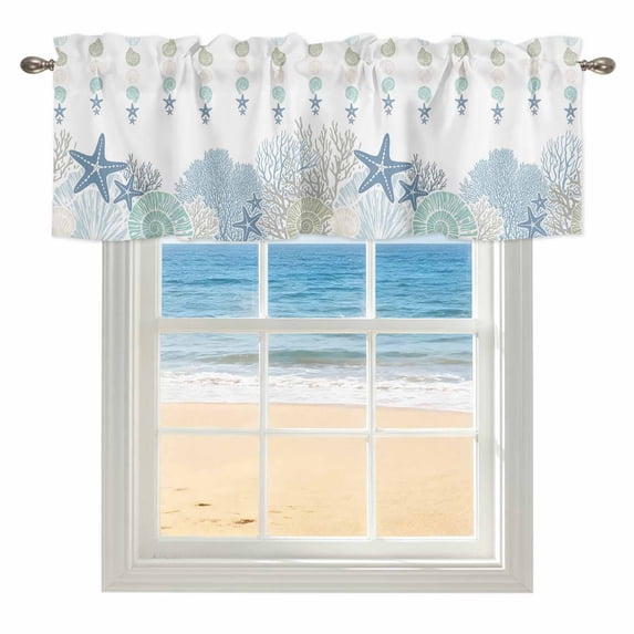 Blue Sea Window Valance for Kitchen, Nautical Ocean Watercolor Shells Coral Starfish Rod Pocket Short Curtain for Small Windows, Light Filtering Decorative Valance, 54 x 18 Inch