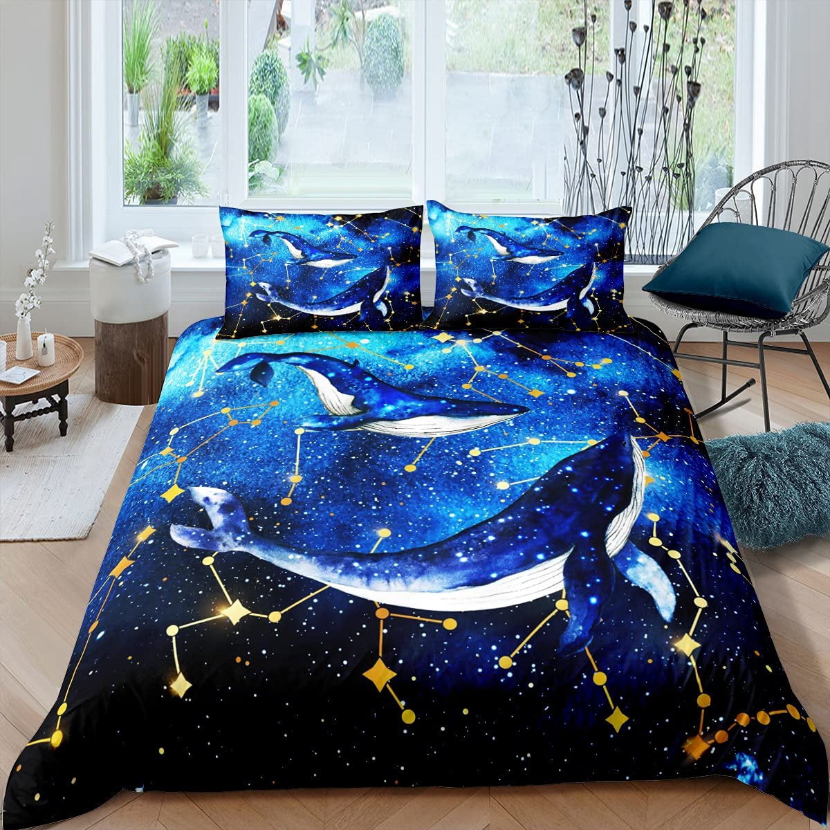 Blue Sea and Galaxy Duvet Cover Set Full 3D Whale Ocean Creatures