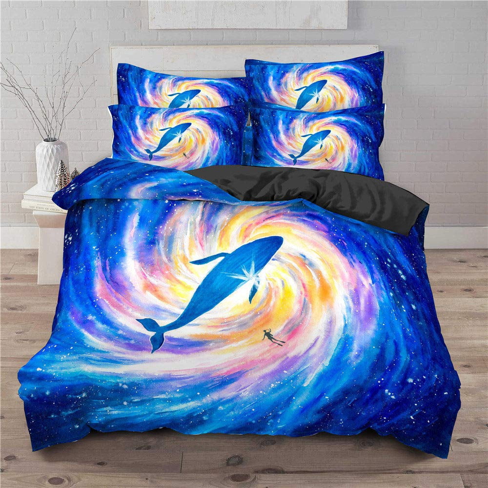 Blue Sea and Galaxy Duvet Cover Set Full 3D Whale Ocean Creatures