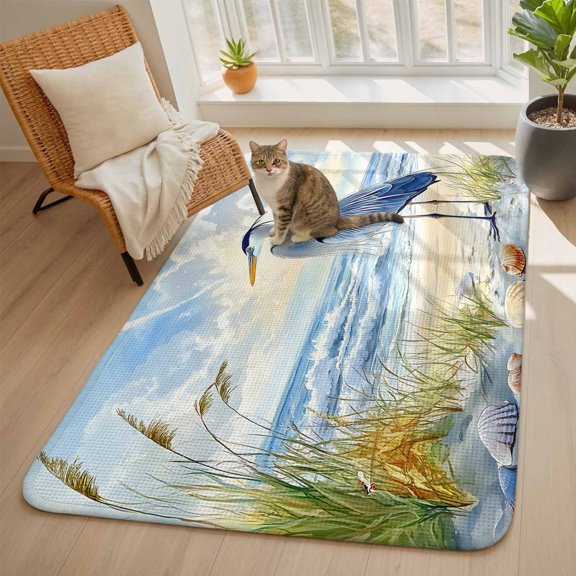 Blue Seabird Area Rugs for Living Room 5x6, Sea Wave Blue Sky Reed Seaside Nature Scenery Washable Area Rug with Non Slip Backing, Stain Resist Carpet for Bedroom, Dining Room, Entryway, Entrance