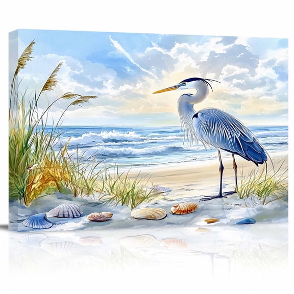 Blue Seabird Canvas Print Wall Art Sea Wave Blue Sky Reed Seaside Nature Scenery Pictures Painting Morden Artwork for Living Room Bedroom, Ready to Hang - 12"x16"