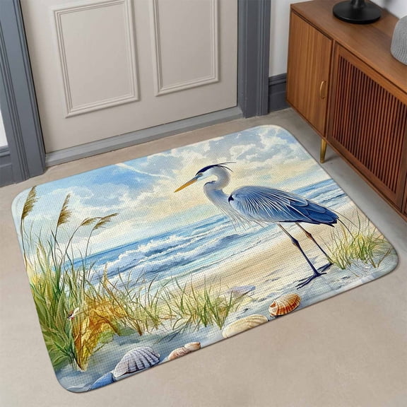 Blue Seabird Front Door Mat Indoor Entrance, Sea Wave Blue Sky Reed Seaside Nature Scenery Absorbent Dirt Resist Welcome Mats Non-Slip Low-Profile Doormat Washable Entry Rug Indoor Outdoor 17x30 Inch