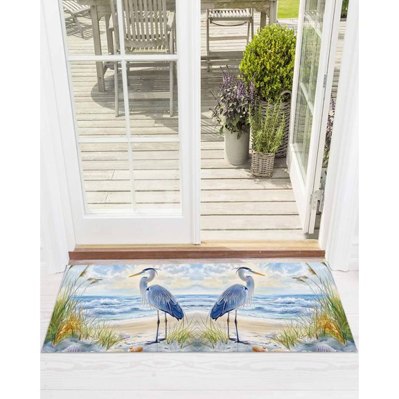 Blue Seabird Front Door Mat Sea Wave Blue Sky Reed Seaside Nature Scenery Welcome Doormat Indoor Outdoor Entrance Floor Mat Non-Slip Washable Runner Rug for Front Porch Decor 18x60 Inch
