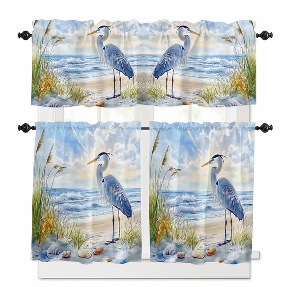 Blue Seabird Kitchen Curtains and Valances Set, Sea Wave Blue Sky Reed Seaside Nature Scenery Rod Pocket Window Valance Window Curtain Panels for Living Room Bedroom Laundry, 27.5x24in, 3 Pieces