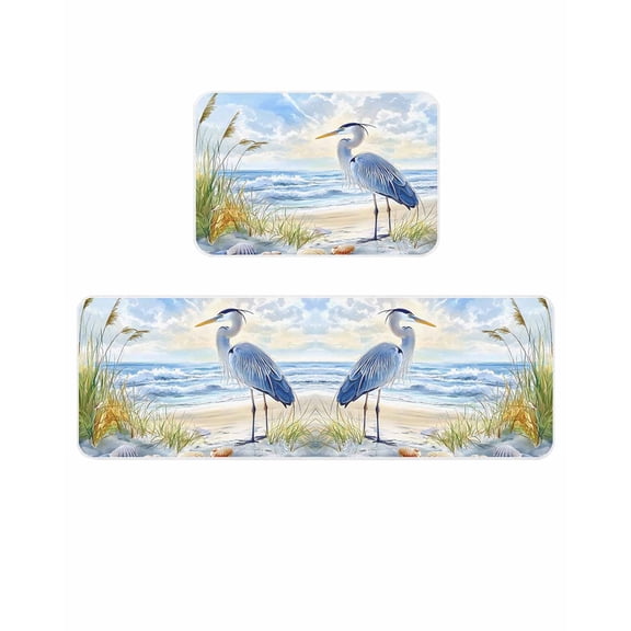 Blue Seabird Kitchen Mats for Floor 2 Piece, Sea Wave Blue Sky Reed Seaside Nature Scenery Absorbent Non-Slip Kitchen Rugs Comfort Standing Mat for Laundry, Hallways 15.7"x23.6"+15.7"x47.2"