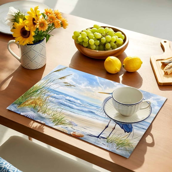 Blue Seabird Placemats Set of 8, Sea Wave Blue Sky Reed Seaside Nature Scenery Non-Slip Place Mats Washable Table Mats for Kitchen Dining Table Decorations Indoor/Outdoor