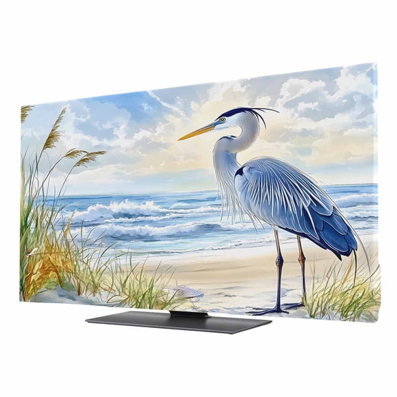 Blue Seabird TV Dust Cover 24 Inch, Sea Wave Blue Sky Reed Seaside Nature Scenery Computer Monitor Cover Dustproof Stretchable Indoor TV Screen Protector for LED LCD Universal Monitors