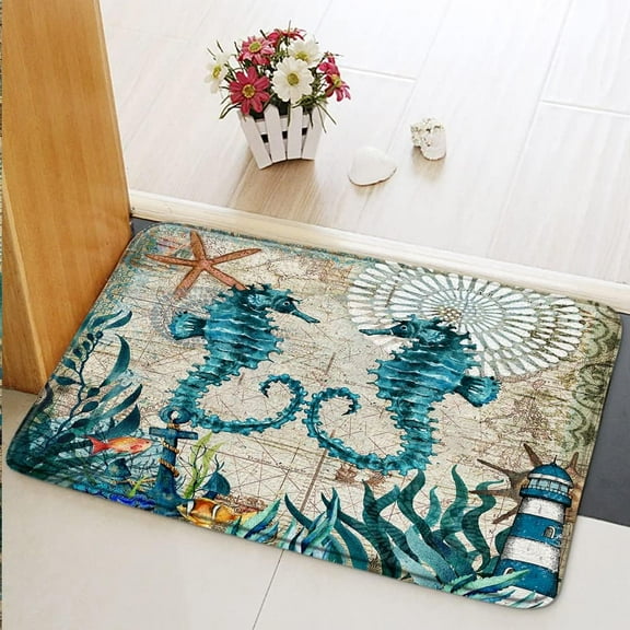 Blue Seahorse Bath Mat Green Marine Life Bathroom Rugs Vintage Nautical Map Starfish Coral Reef Seaweed Ocean Beach Soft Absorbent Flannel Shower Floor Carpet Non-Slip Backing 16x24 Inch