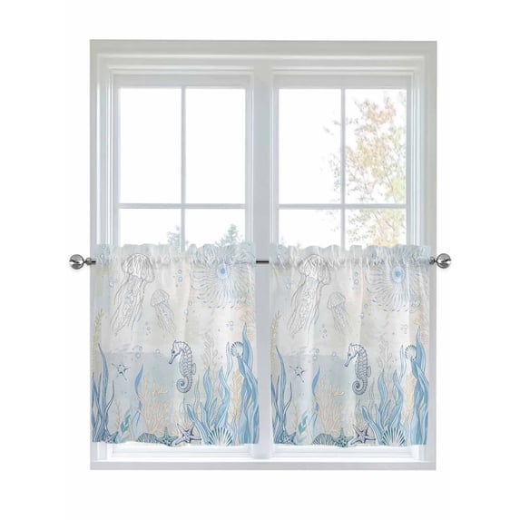 Blue Seahorse Coastal 2 Panel Kitchen Curtains for Small Windows, Summer Beach Nautical Ocean Coral Bathroom Tier Curtain, Short Window Treatment for Bedroom/Living Room 55"x36"