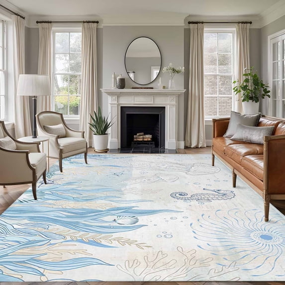 Blue Seahorse Coastal Area Rugs 6'x9', Washable Small Throw Rugs for Kitchen Dining room, Summer Beach Nautical Ocean Coral Indoor Outdoor Rug Non-Slip Low Pile Carpet Runner Reversible Floor Mats