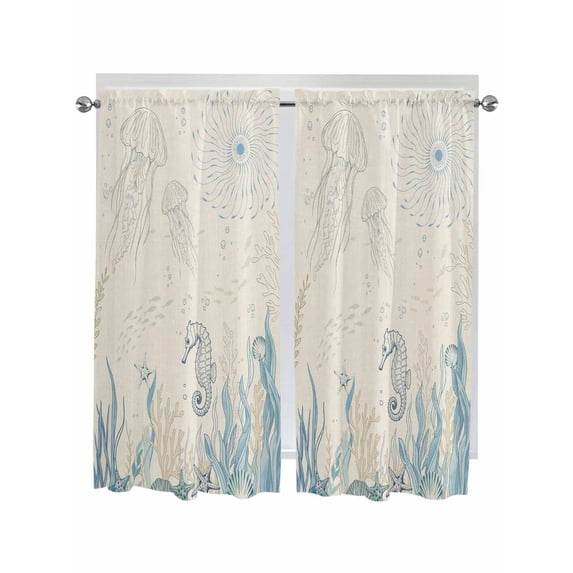 Blue Seahorse Coastal Bathroom Window Curtain, Summer Beach Nautical Ocean Coral Vintage Light Filtering Coffee Kitchen Curtains, Bedroom Living Room Curtains 2 Panel 84"x63"