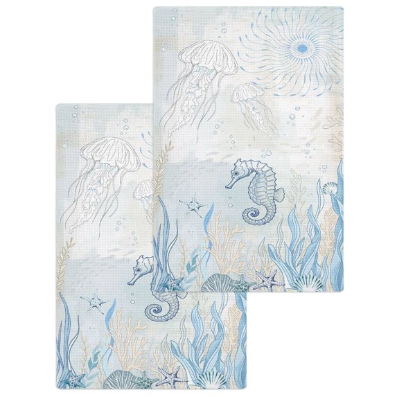 Blue Seahorse Coastal Kitchen Dish Towels for Drying Dishes Set of 2, Summer Beach Nautical Ocean Coral Waffle Weave Microfiber Hand Tea Bathroom Towels Quick Dry & Absorbent Towel 15.7x23.6