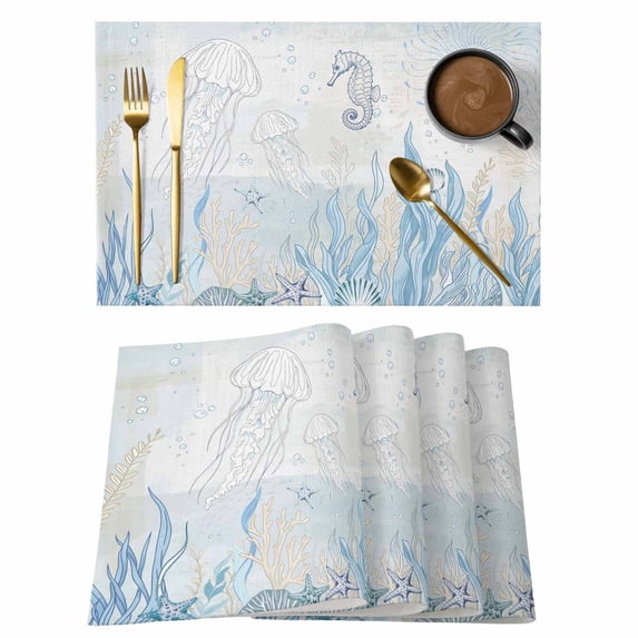 Blue Seahorse Coastal Placemats Set of 6, Summer Beach Nautical Ocean Coral Placemats for Dining Table, Place Mats for Kitchen Tabletop, Waterproof Wipeable Dining Table Mats Set