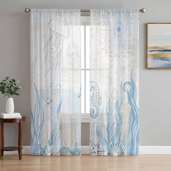 Blue Seahorse Coastal Sheer Curtains 84 Inch Length 2 Panels Set, Summer Beach Nautical Ocean Coral Voile Window Treatment Rod Pocket Curtains Sheers Drapes for Bedroom/Living Room/Kitchen 52"x84"x2