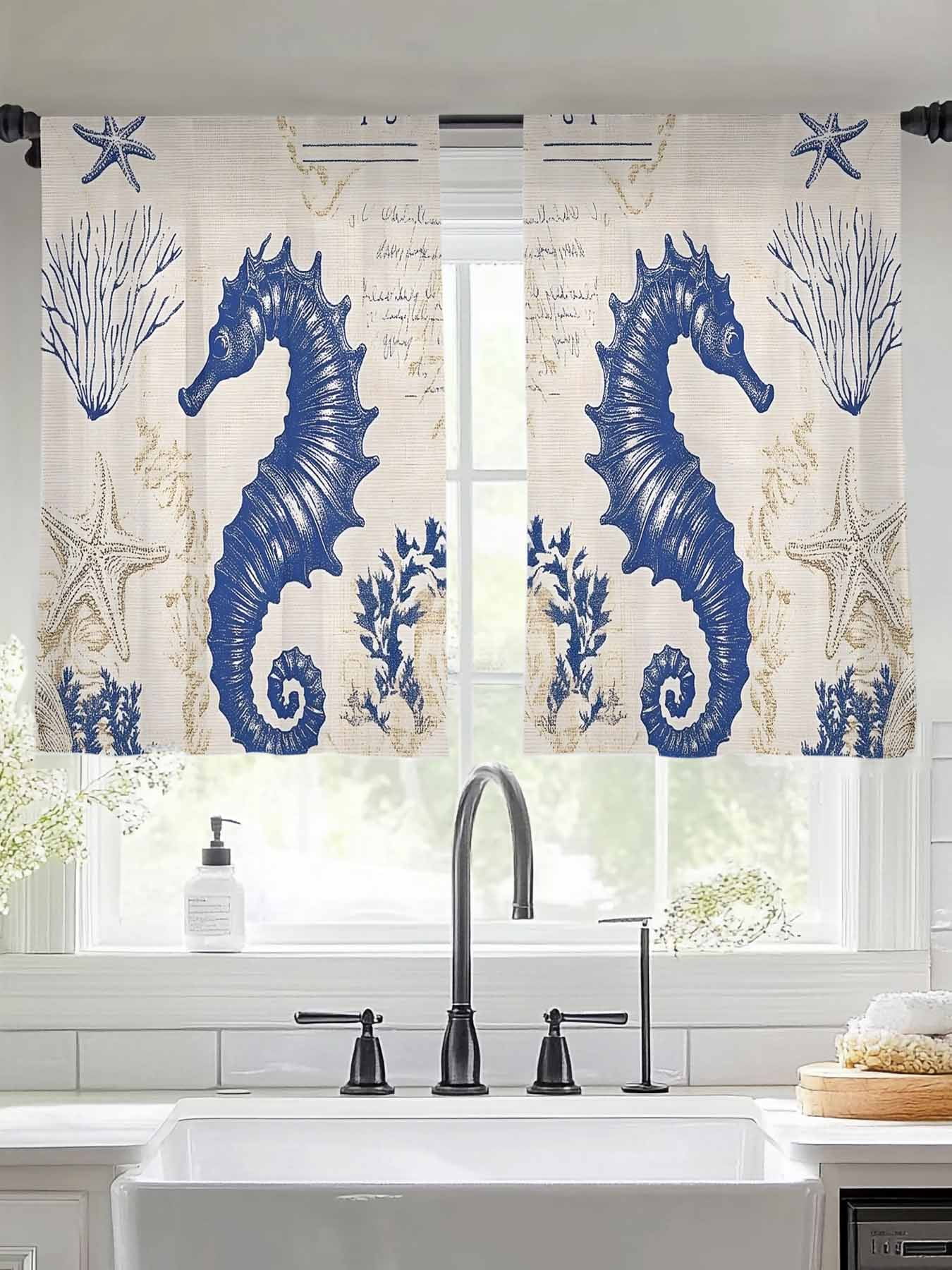 Blue Seahorse Coastal Sheer Curtains for Living Room Bedroom Starfish