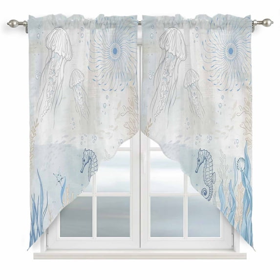 Blue Seahorse Coastal Swag Valances for Windows, Kitchen Curtains 36 Inch Length 2 Panels Set, Summer Beach Nautical Ocean Coral Short Curtains for Small Windows Rod Pocket Cafe Curtains 28"x36"