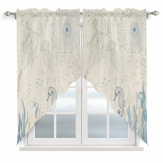 Blue Seahorse Coastal Swag Valances for Windows, Kitchen Curtains 36 Inch Length 2 Panels Set, Summer Beach Nautical Ocean Coral Vintage Short Curtains for Small Windows Cafe Curtains 28"x36"