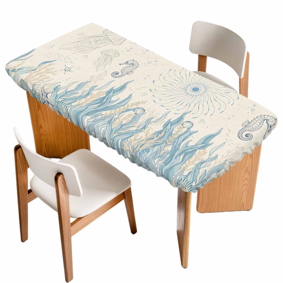 Blue Seahorse Coastal Table Cloths for 3 Foot Rectangle Tables, Summer Beach Nautical Ocean Coral Vintage Patio Waterproof Elastic Fitted Tablecloths, Washable Rectangular Table Cover for Camping