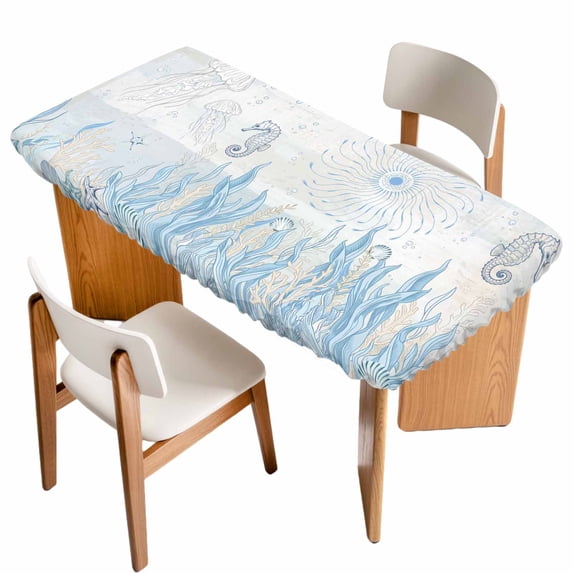 Blue Seahorse Coastal Table Cloths for 4 Foot Rectangle Tables, Summer Beach Nautical Ocean Coral Patio Waterproof Elastic Fitted Tablecloths, Washable Rectangular Table Cover for Camping