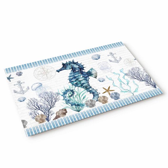 Blue Seahorse Door Mat Ocean Watercolor Blue Seastars Seaweed Corals Anchor Non Slip Absorbent Entrance Mat Washable Low Profile Indoor Doormat for Front Door Entryway Entry 16"x24"