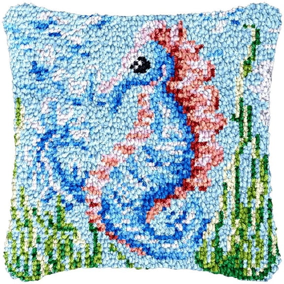 Blue Seahorse Latch Hook Kits Pillow DIY Rug Cushion Making Kits with preprinted Pattern Canvas Instruction Yarns and Latch Hooking Pillow Cover Easy to Start DIY Home Decor Kits 43x43cm