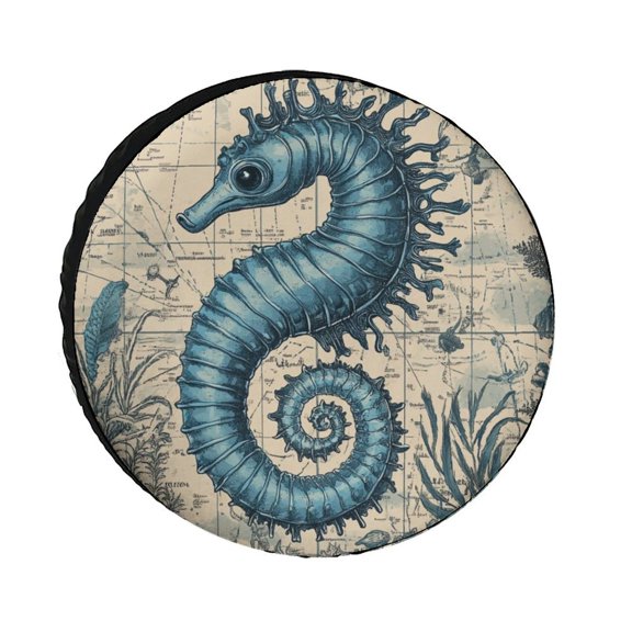 Blue Seahorse Old Map Camper Spare Tire Cover Ocean Theme Waterproof Polyester Wheel Protectors Wheel Covers for Camper Trailer Truck SUV Universal 12inch