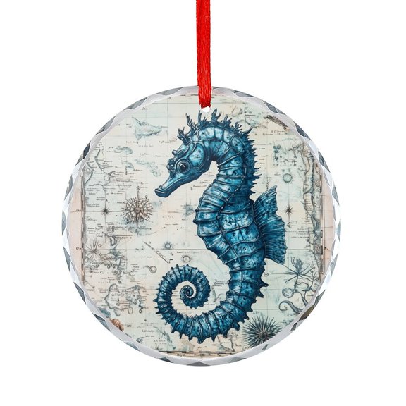 Blue Seahorse Old Map Xmas Ornament Unique Home Decor Coastal Nautical Round Glass Christmas Ornaments