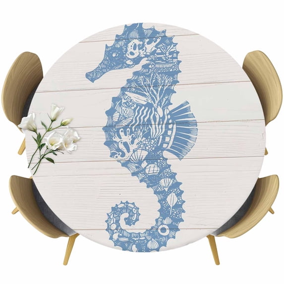 Blue Seahorse Round Tablecloth 45-54 Inch Round Fitted Table Cloth with ...