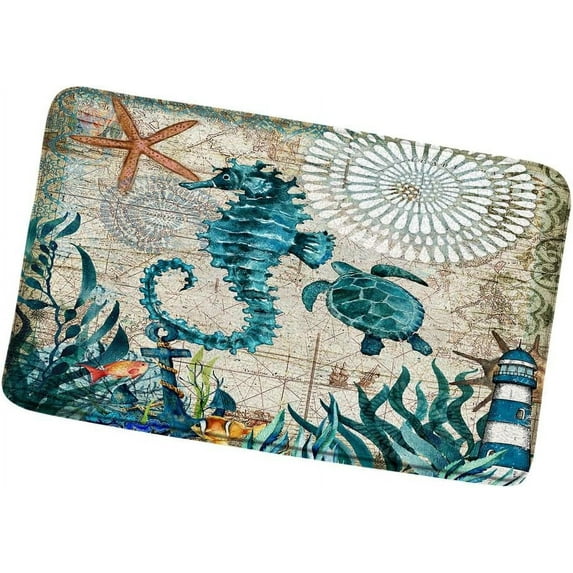 Blue Seahorse Sea Turtle Bath Mat Green Marine Life Bathroom Rugs Vintage Nautical Map Starfish Coral Reef Ocean Beach Soft Absorbent Flannel Shower Floor Carpet Non-Slip Backing 16x24 Inch