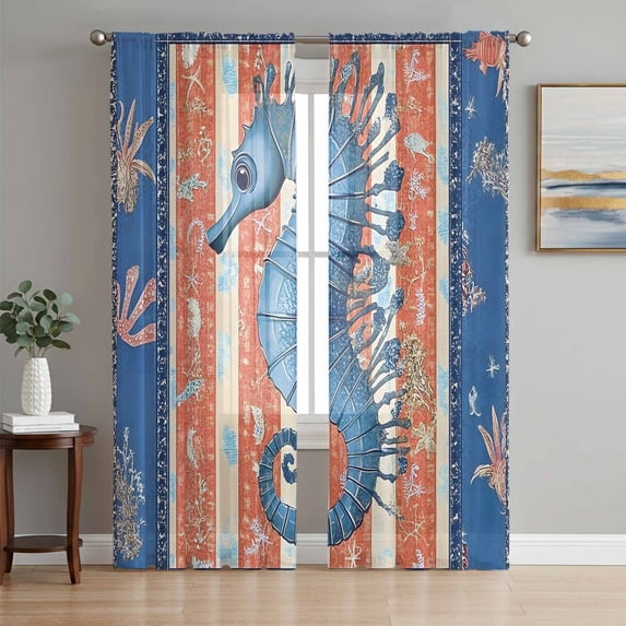 Blue Seahorse Sheer Curtains 63 Inch Length 2 Panels Set, Summer Ocean Orange Coral Striped Voile Window Treatment Rod Pocket Curtains Sheers Drapes for Bedroom/Living Room/Kitchen 52x"63"x2
