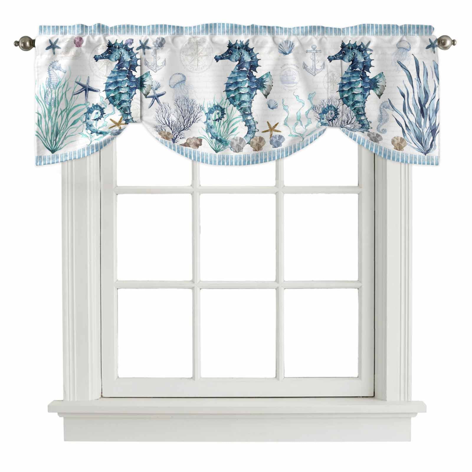 Blue Seahorse Tie Up Valance Curtains Ocean Watercolor Blue Seastars ...