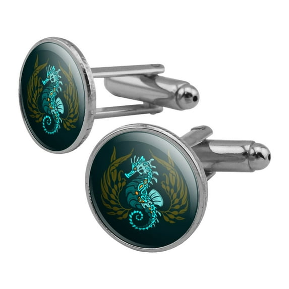 Blue Seahorse with Kelp Round Cufflink Set Silver Color