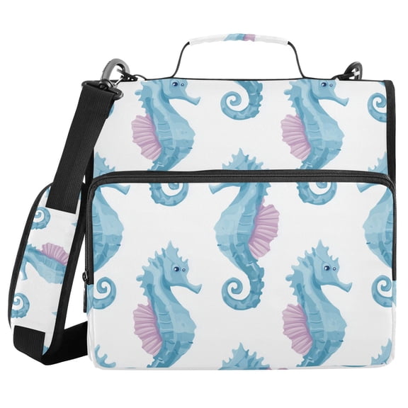 Blue Seahorses with Pink Wings Binder Bag with Shoulder Strap 3 Ring Zipper Binder File Folder Document Storage