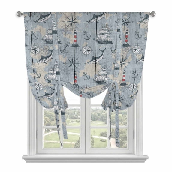 Blue Seaports Balloon Curtains for Living Room/French Door, Vintage Ocean Anchor Shark Farmhouse Wood Tie Up Curtains 63 Inch Length Energy Saving Kitchen Curtains Shades for Windows 42"x63"