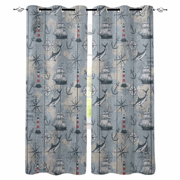 Blue Seaports Blackout Curtains for Bedroom Living Room Darkening Curtains 63 Inches Long Vintage Ocean Anchor Shark Farmhouse Wood Window Curtain 2 Panels Set Window Treatment Grommet Drapes 52"x63"