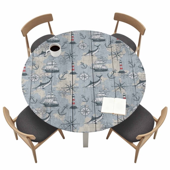 Blue Seaports Fitted Tablecloth with Elastic Edged, Round Table Cloth for Dining Table, Vintage Ocean Anchor Shark Farmhouse Wood Waterproof Oil Proof Table Cover for Indoor Outdoor 36"-44"