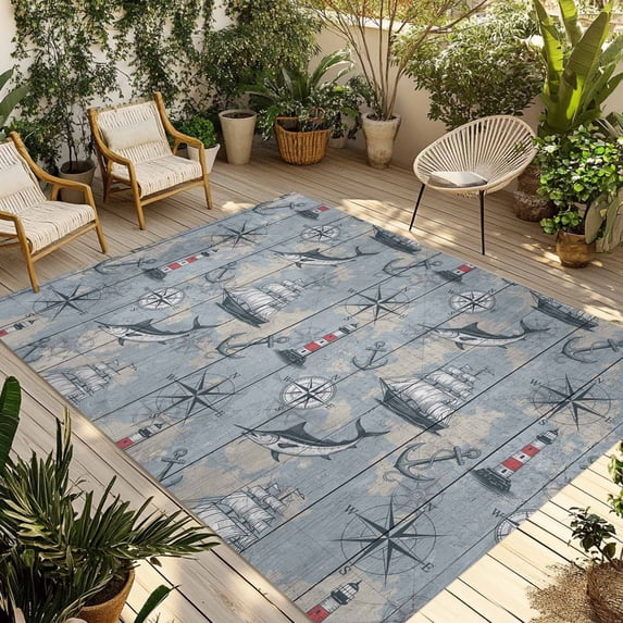 Blue Seaports Outdoor Rug for Patio/Deck/Porch, Non-Slip Large Area Rug 3 x 5 Ft, Vintage Ocean Anchor Shark Farmhouse Wood Indoor Outdoor Rugs Washable Area Rugs, Camping Rug Carpet Runner