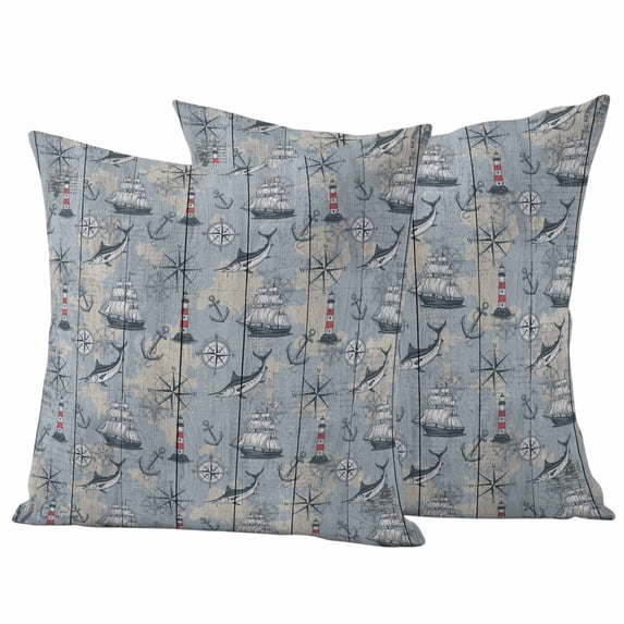 Blue Seaports Outdoor Waterproof Pillow Covers, Vintage Ocean Anchor Shark Farmhouse Wood Decorative Square Throw Pillowcase Sofa Cushion Sham for Patio/Couch/Chair, 26"x26" 2 Pack