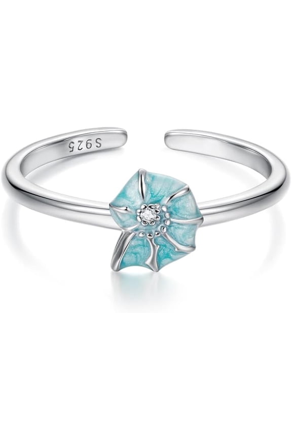 Blue Seashell 925 Sterling Silver Ocean Statement Ring for Women Adjustable Dainty CZ Birthstone Conch Seanail Open Wrap Finger Rings Wedding Birthday Holiday Jewelry Gift