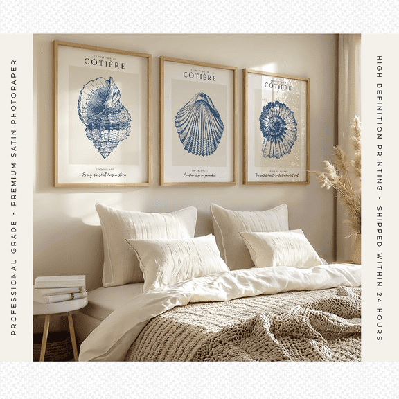 Blue Seashell Coastal Beach House Nautical Poster Set 3 Prints Set 3 , Poster Only