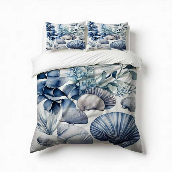Blue Seashell Coral Print Bedding Set 3 Pcs Soft Microfiber Quilt Cover For Bedroom Decor, Comforter Cover With 2 Pillowcase
