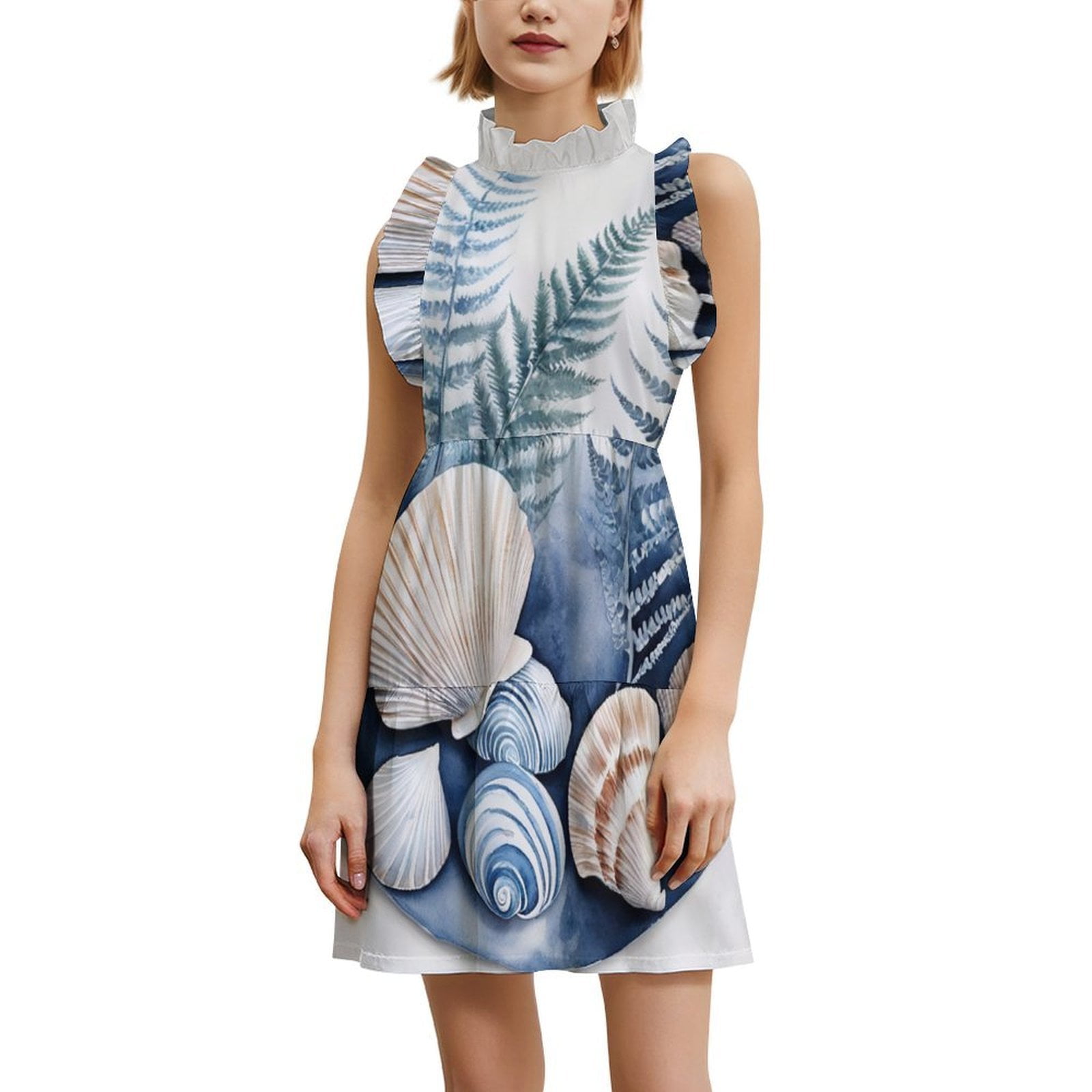 Blue Seashell Fern Print Women's Fashion Casual Dress Summer Stand Up ...