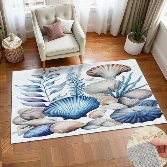Blue Seashell Floral Print Soft Large Area Rugs Washable Rug With Non-Slip Backing Carpet For Living Room Bedroom Kitchen