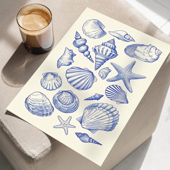 Blue Seashell Line Art Wall Art, Minimalist Coastal Nursery Decor, Unframed Paper Print Size 8x12