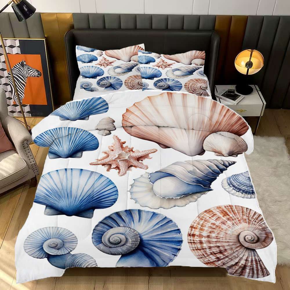 Blue Seashell Pattern Comforter Set Queen Size Bedding Set For