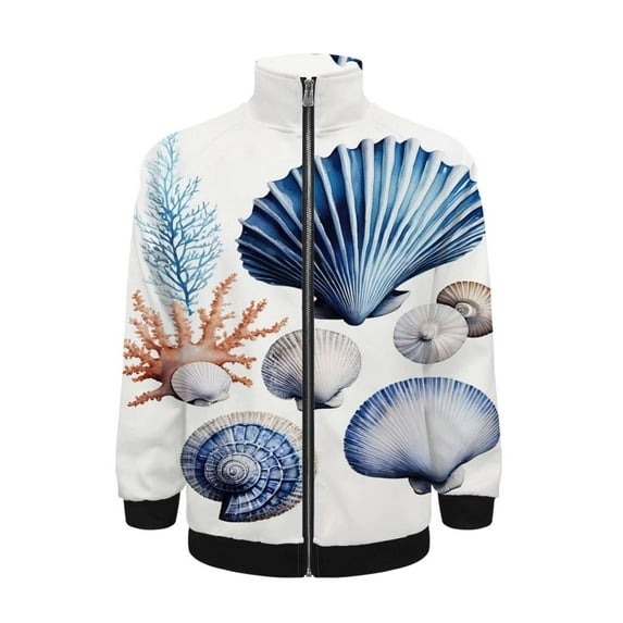 Blue Seashell Pattern Jacket Men's Street Cool Long Sleeves Coat Personality Tops Oversized Zipper Jackets Male Clothes