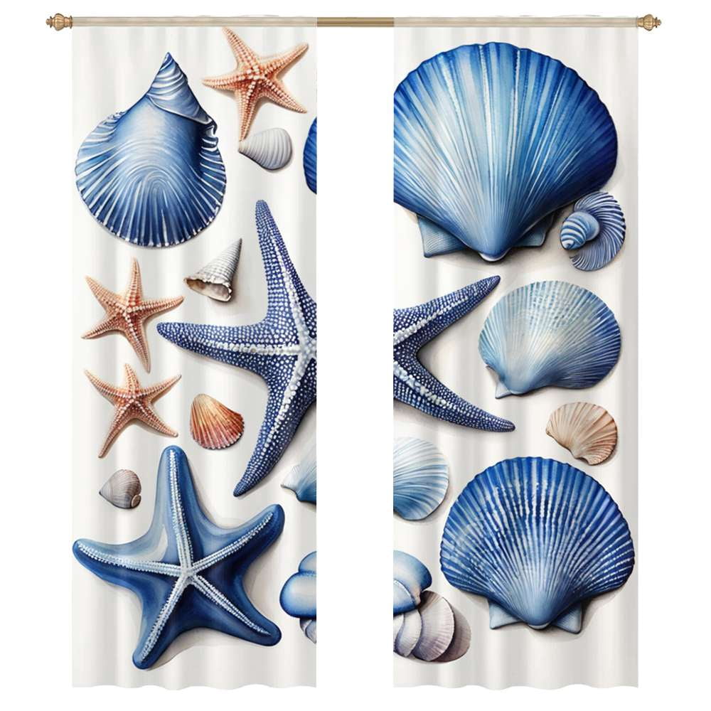 Blue Seashell Pattern Modern Tulle Window Curtains for Living Room ...