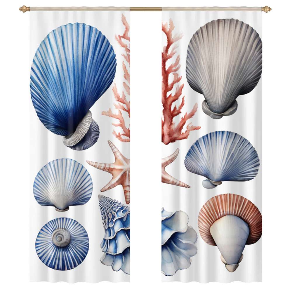 Blue Seashell Pattern Sheer Voile Curtain Window Tulle Curtains For ...